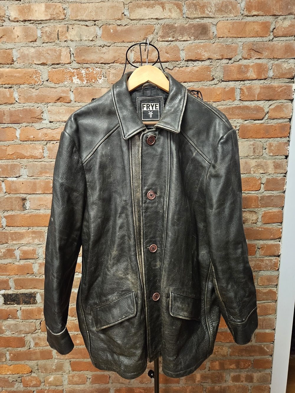 FRYE Men's Black Leather Distressed  Button-Front Jacket